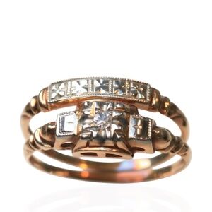 Vintage Art Deco 14K Two Tone Diamond Bridal Set Ring Sz 4.25